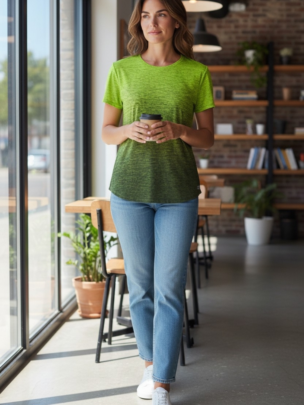 BCG Women's Green Heathered Stretch Activewear Crewneck T-Shirt Short Sleeve L